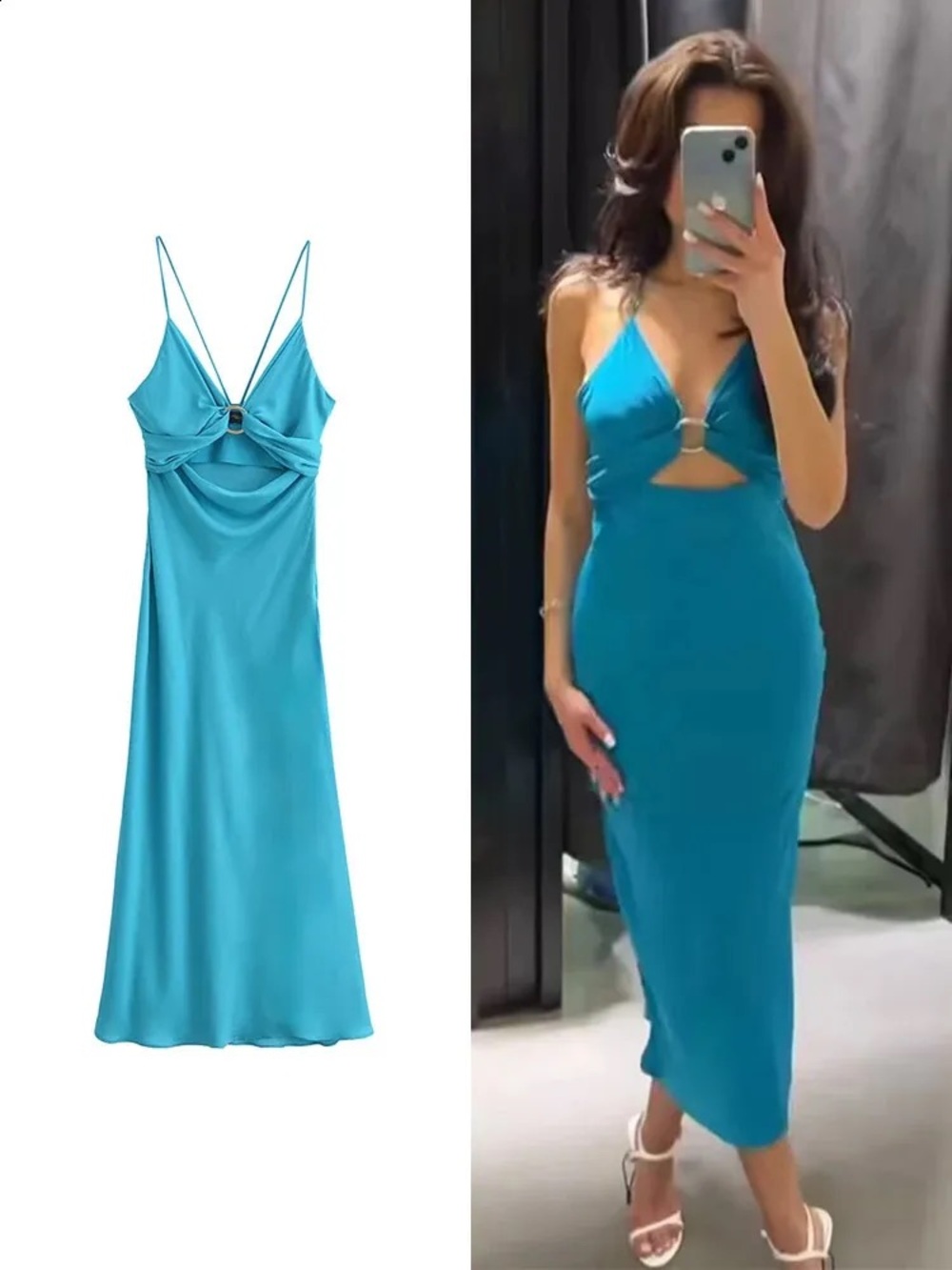 ZARA Turquoise Blue Strappy Satin Maxi Dress NWOT Size Small